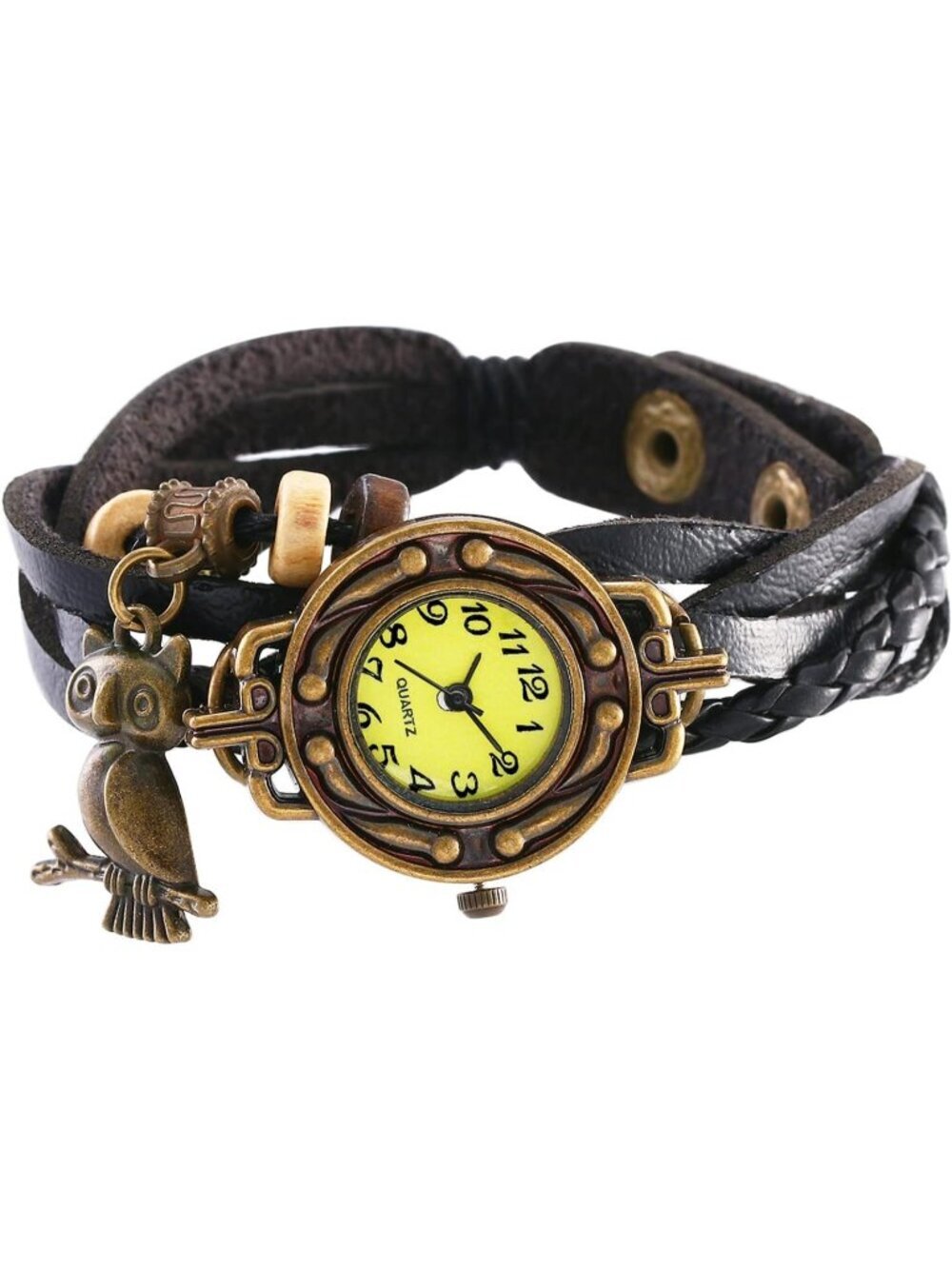 Women's Black Analog Quartz Owl Bracelet Weave Wrap Around Leather Wrist Watch